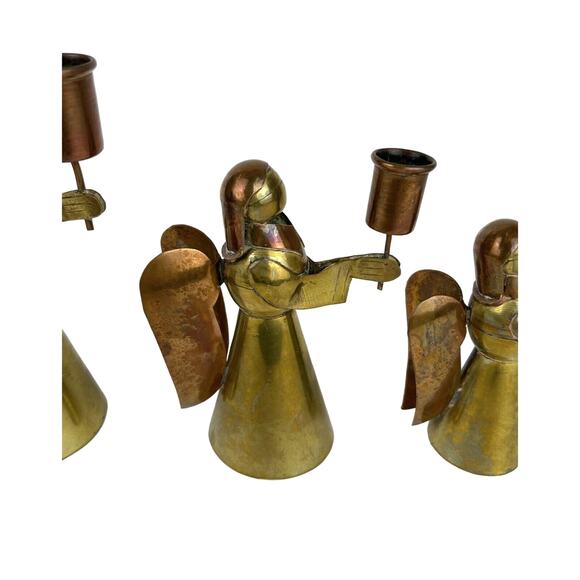 4 Brass and Copper Primitive Angels Candle Holders Hand Made Vintage - Picture 7 of 10